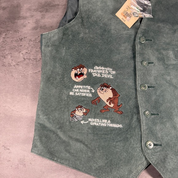 Looney Tunes Taz Tasmanian Devil Green Suede Leather Vest Mens Small NWT Vintage - Picture 2 of 8